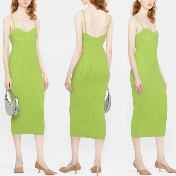 Helmut Lang Dress Size Small Lime Green NWOT Ribbed Knit Bustier Midi Bodycon - Picture 1 of 8